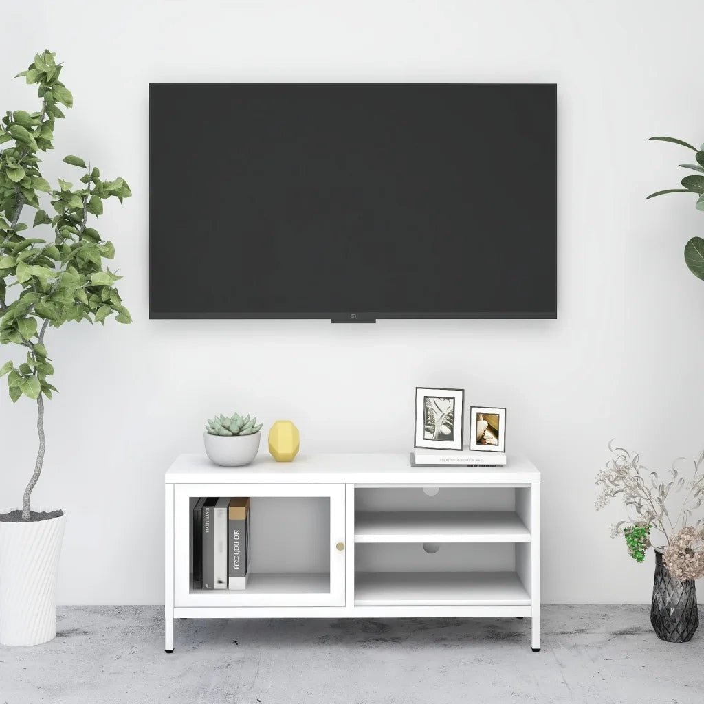 Mobile TV Bianco 90x30x44 cm in Acciaio e Vetro 336056