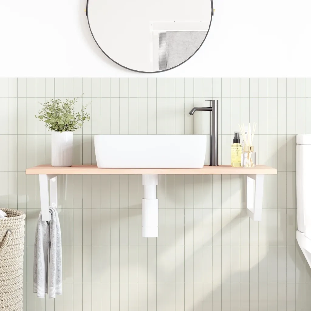 Ripiano a Parete per Lavabo-Mensole a Muro in Acciaio e Massello di Rovere 429660