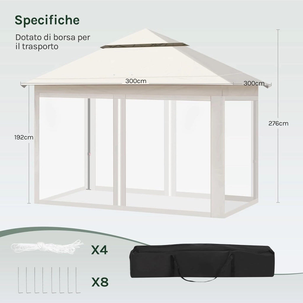 Gazebo da Giardino per Esterni, Gazebo 3x3 Pieghevole Idrorepellente, con Zanzariera Rimovibile, Doppio Tetto, Borsa per Trasporto, Resistente ai Raggi UV, Beige