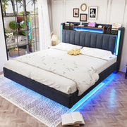 Letto imbottito 140 x 200 cm grigio con LED, USB e testiera contenitore
