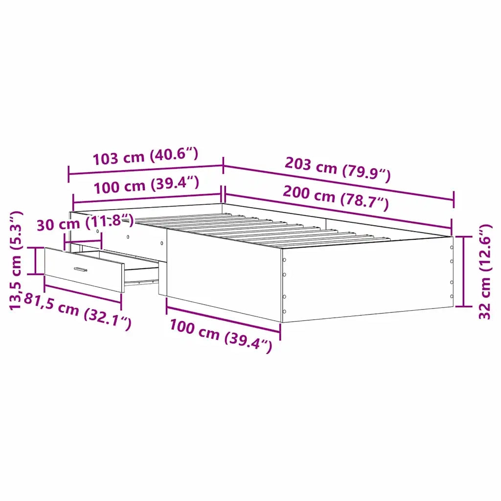 Struttura del letto con cassetto Rovere Nero 100 x 200 cm 3333983