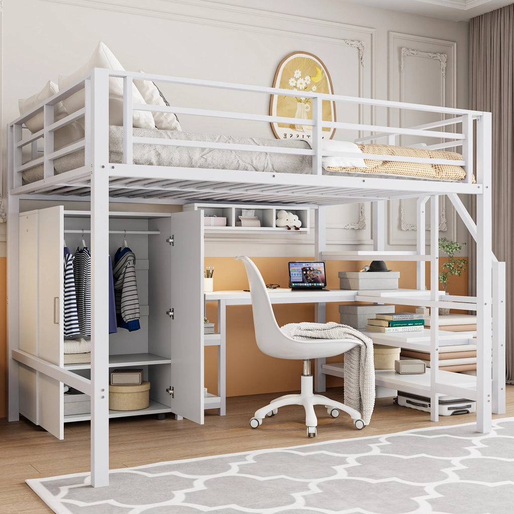 LETTO a soppalco 140x200 cm in metallo bianco con armadio, ripiani e scrivania