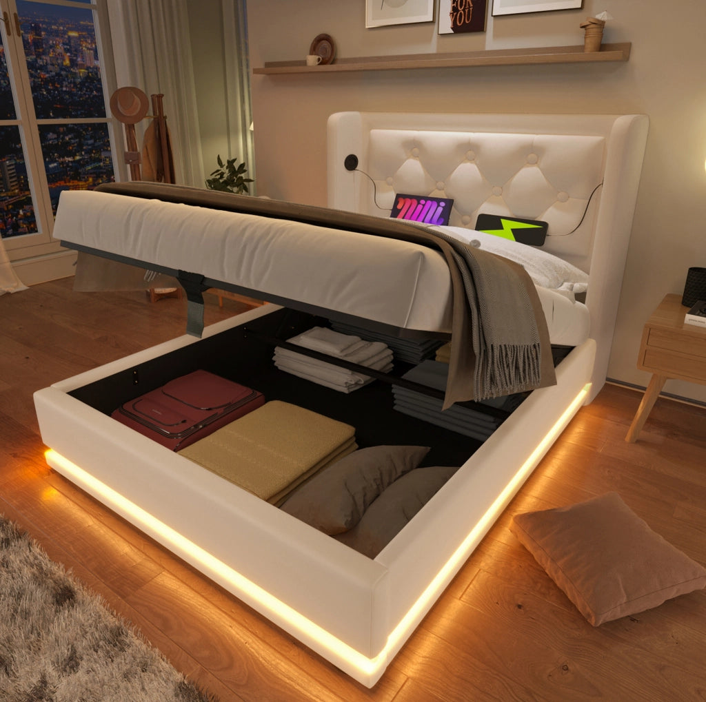 Letto singolo contenitore 90x200 cm in PU bianco con LED; USB e Type-C
