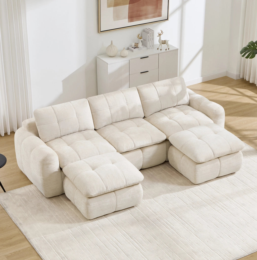 Divano modulare a U 264x160x68 cm in chenille beige con 2 pouf; senza montaggio