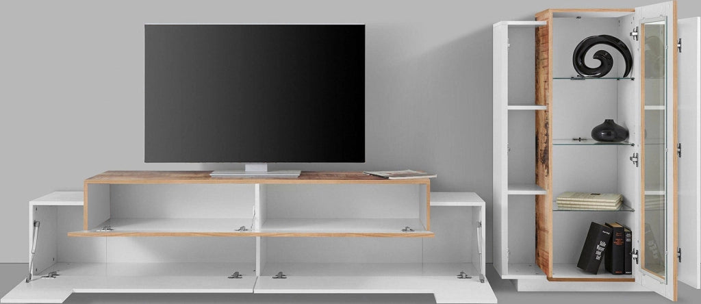 Parete Attrezzata Soggiorno Porta TV 200x45x51,6 cm con Vetrina Coro Bianco Lucido e Acero Pereira