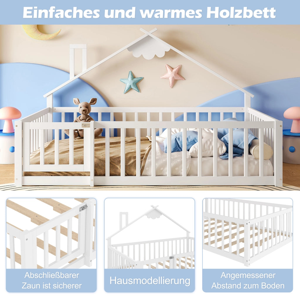 Letto per bambini a casetta 140x190 cm in pino bianco