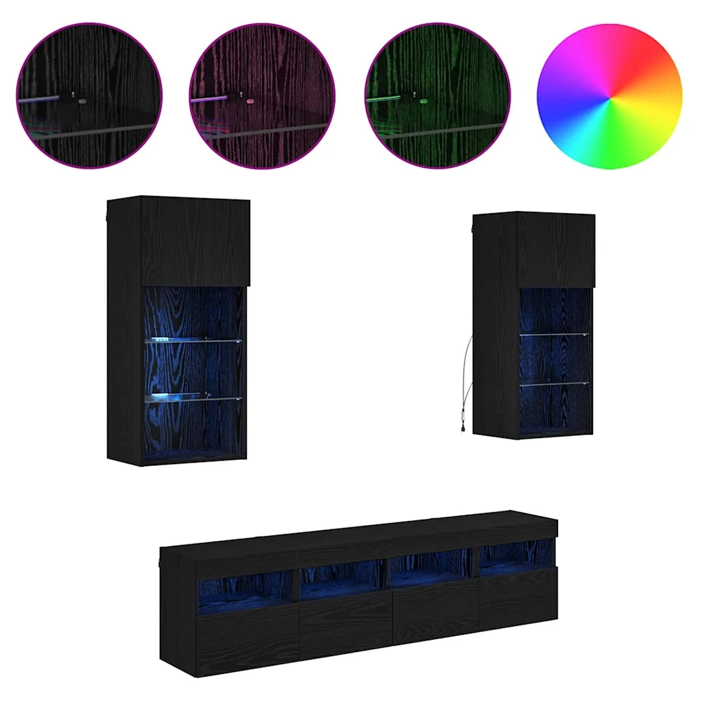 Unità a muro per TV con LED 5 pcs Rovere Nero 40,5 x 30 x 90 cm 3402982