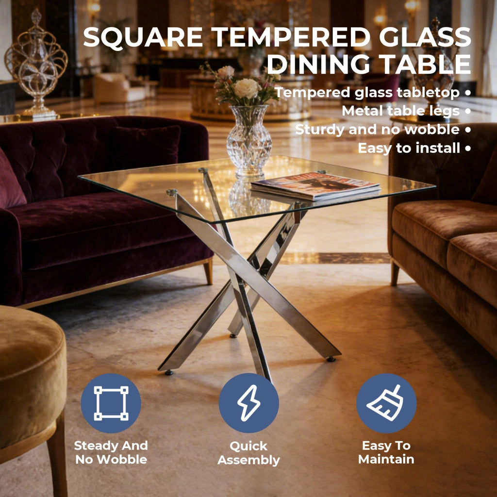 Tavolo da pranzo quadrato con piano in vetro e gambe in metallo per cucina e soggiorno argento 80 × 80 × 75 cm