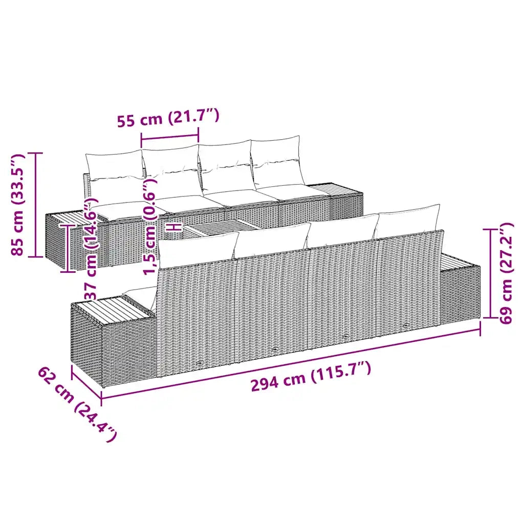 Set Divano da Giardino con cuscino 9 pcs Nero Poly Rattan 3348048