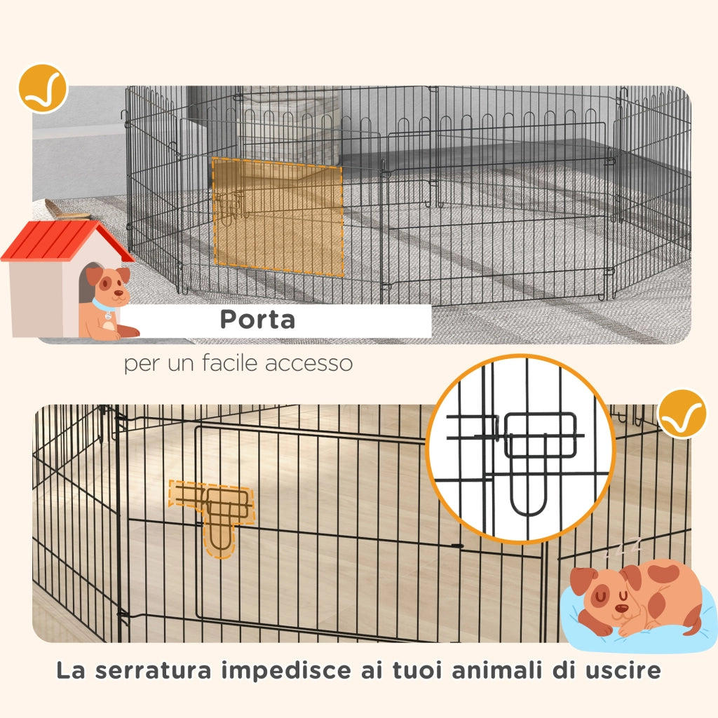 Recinto per Cani e Cuccioli 8 Pannelli in Acciaio, Gabbia per Cani, Box per Animali Domestici da Interno e Esterno, ?180x61 cm, Nero