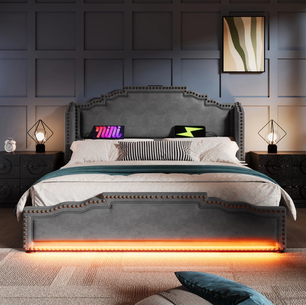 Letto 160x200 cm in velluto grigio con 4 cassetti; LED; USB; Type-C e materasso
