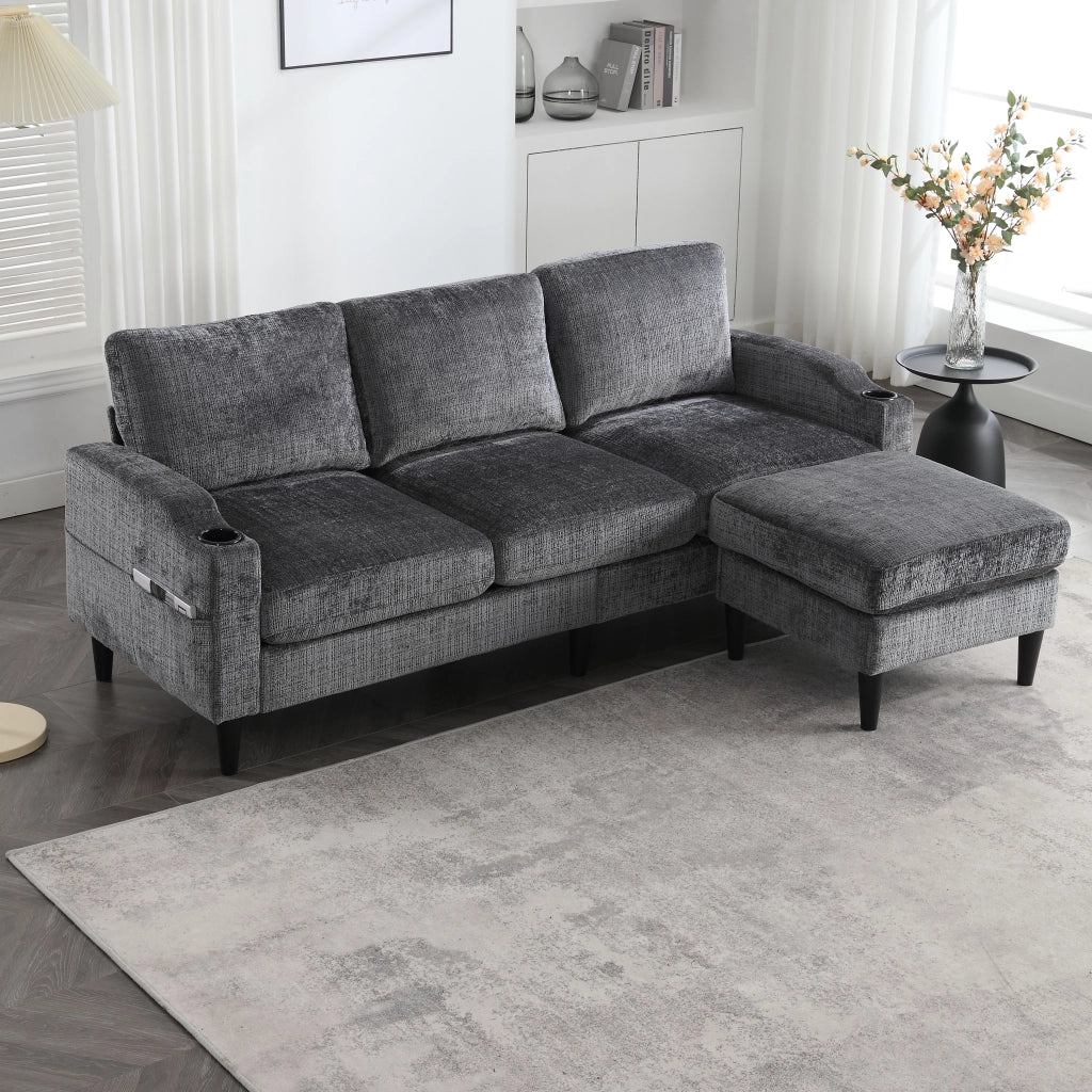 DIVANO 4 POSTI Con pouf contenitore 196,5x75x77 cm Chenille grigio