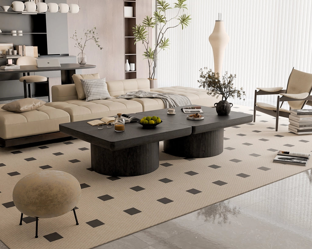 Tavolino basso quadrato con piano effetto parquet e base cilindrica piano spesso nero 86.12 × 85.54 × 18.04 cm