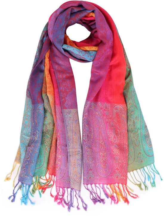 Sciarpa donna calda cotone 70 x 180 cm - Sciarpa etnica - Colore arcobaleno - Frange - Respirante e comoda - Pashmina