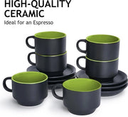 Set di 6 caffè espresso in ceramica da tavola con esterno nero e interno verde brillante da 75 ml