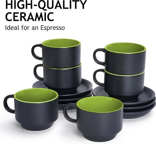 Set di 6 caffè espresso in ceramica da tavola con esterno nero e interno verde brillante da 75 ml