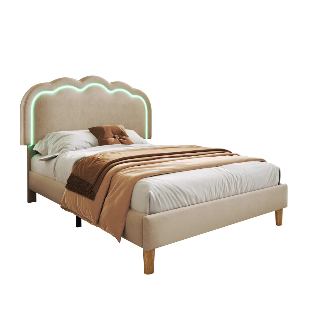 Letto imbottito LED beige 90x190 cm con testiera regolabile