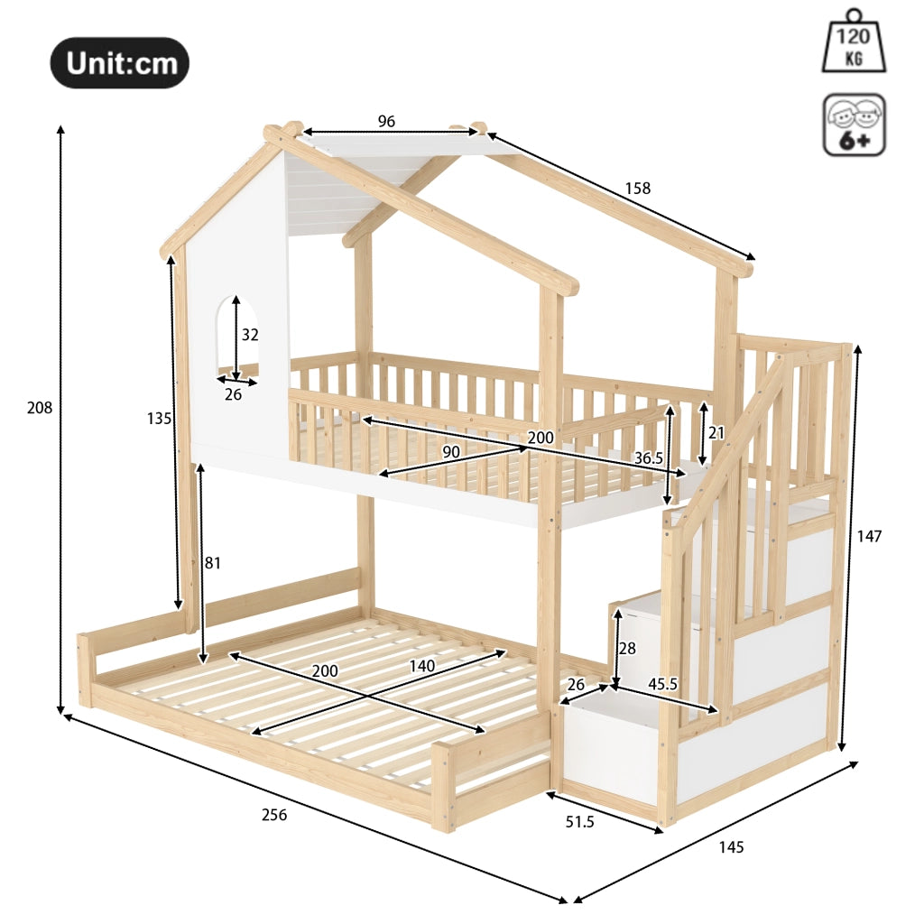 Letto a Castello 90x200 e 140x200 ¨C MINIMAL ¨C Legno Naturale e Bianco con Finestre e Contenitore