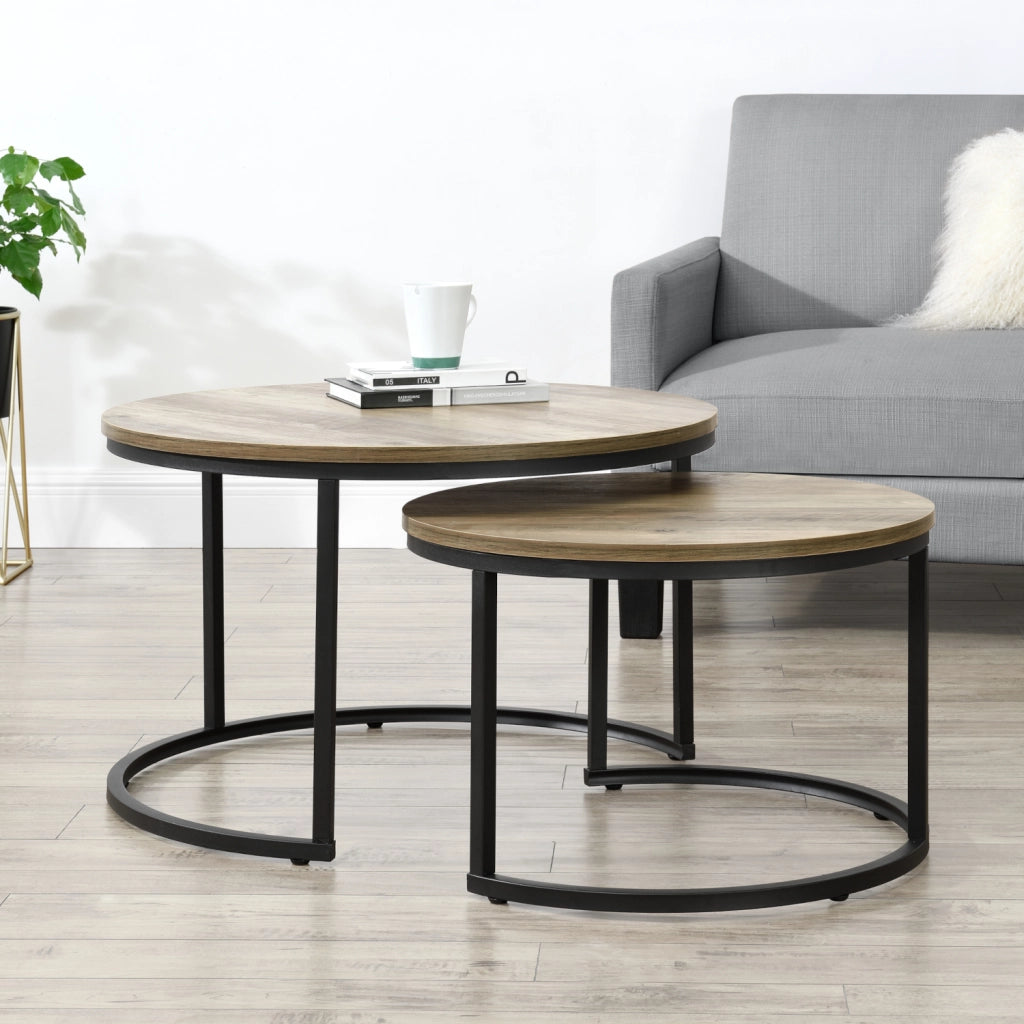 Set Christchurch 2 Tavolini Sovrapponbili con Piani Rotondi - Effetto Legno [en.casa]