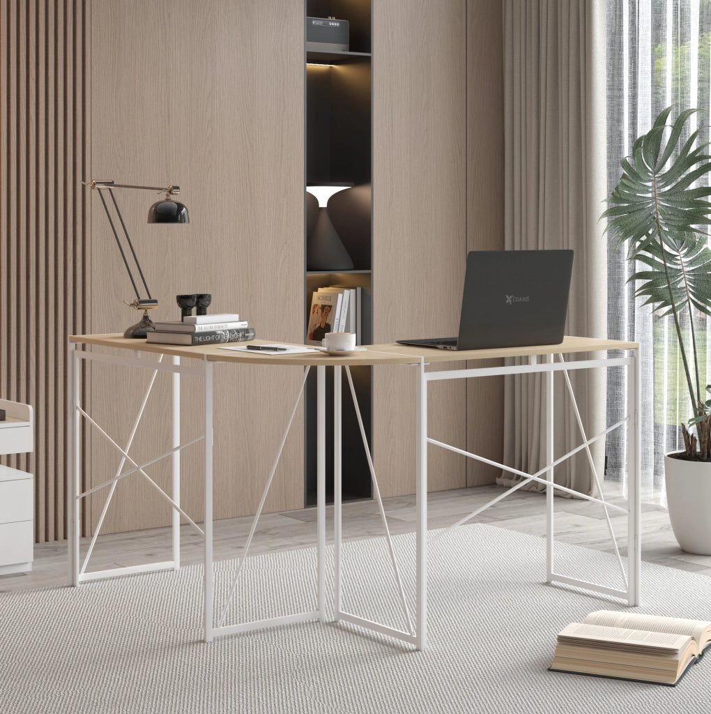 Scrivania angolare a L in MDF e metallo rovere bianco