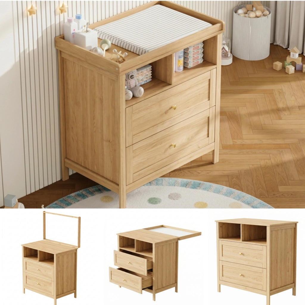 Cassettiera fasciatoio multifunzionale con piano rimovibile, 82x50x90 cm, MDF, colore naturale