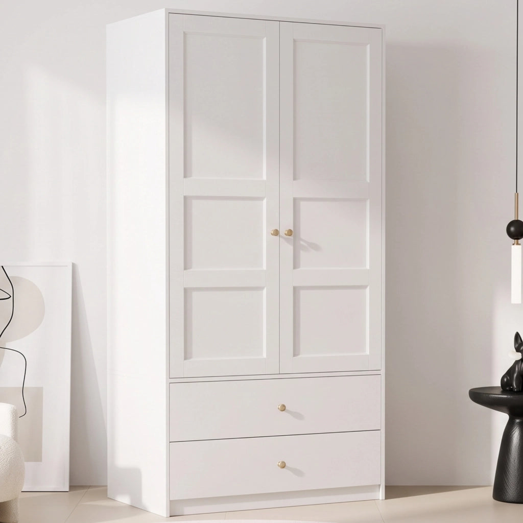 Armadio 2 ante con 2 cassetti e barra appendiabiti in MDF bianco per camera da letto 100 × 48 × 180 cm