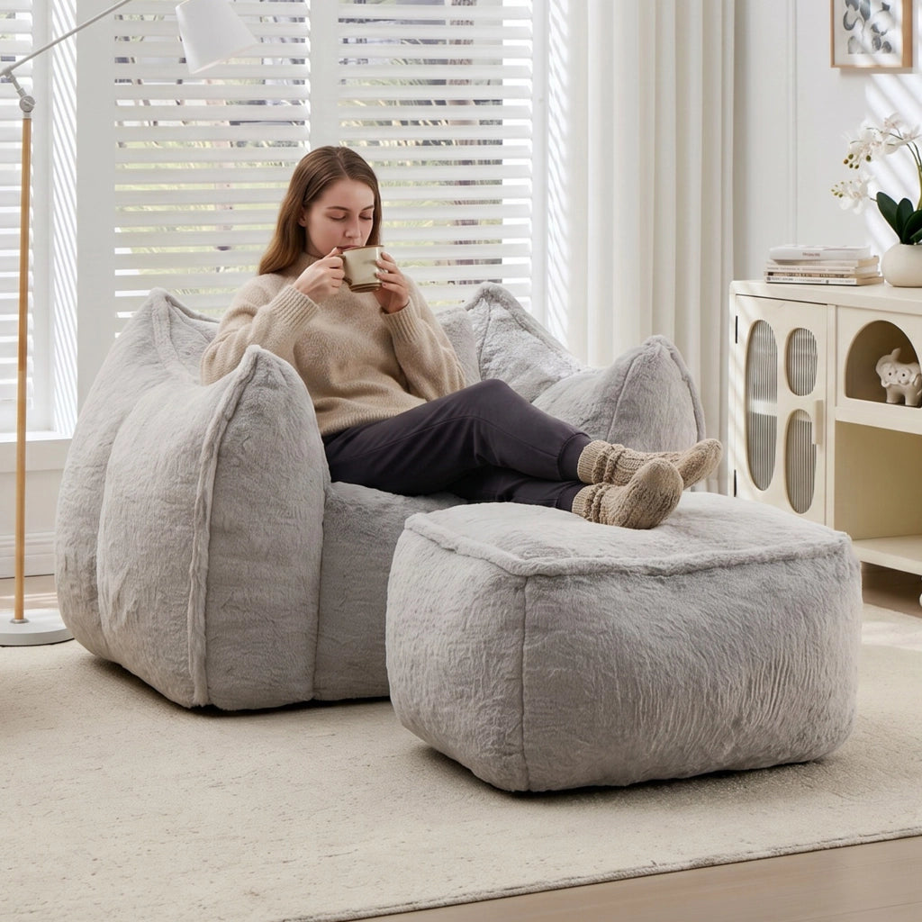 Pouf poltrona ergonomico con poggiapiedi e imbottitura in schiuma, per soggiorno, in pelliccia sintetica grigio