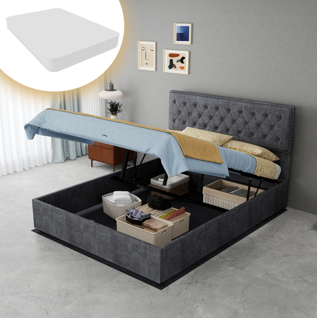 Letto imbottito ULEVR 140x200 cm grigio con materasso incluso, testiera alta e rete a doghe