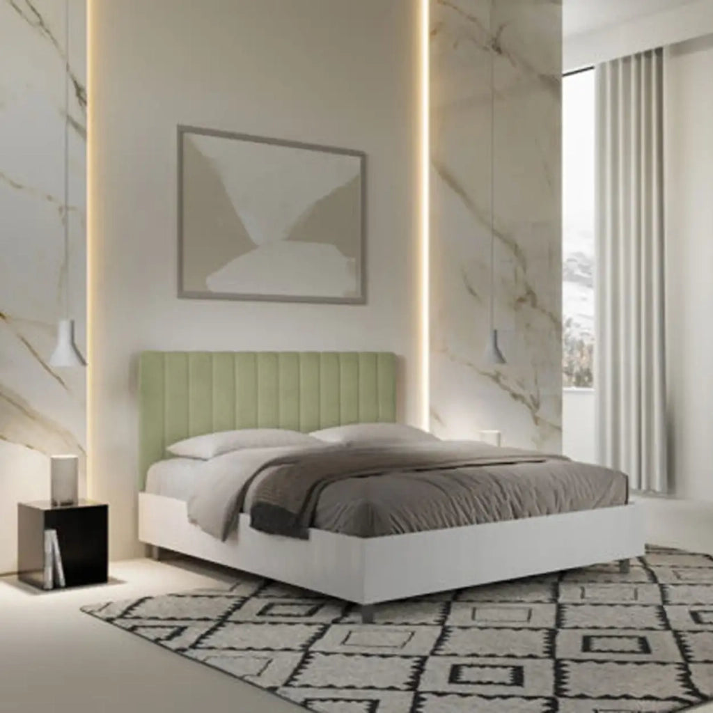 Letto matrimoniale senza rete 160x200 bianco frassino testata microfibra tè verde Kaia
