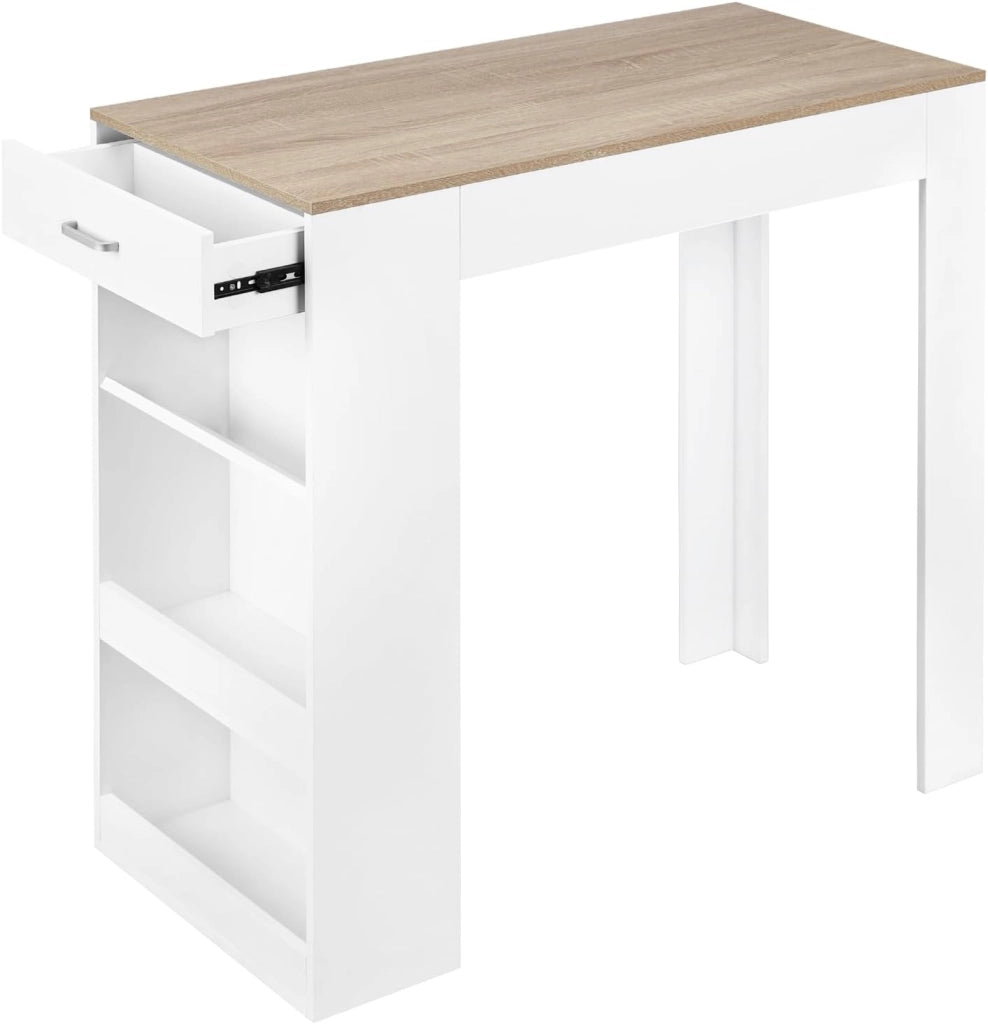 Tavolo da Bar, Bancone da Bar con 1 Cassetto e 3 Ripiani, Tavolo Penisola per Cucina, Pub, Bistrot, Legno Ingegnerizzato (Senza assi di legno, Bianco+Rovere Chiaro, 100 x 50 x100 cm)