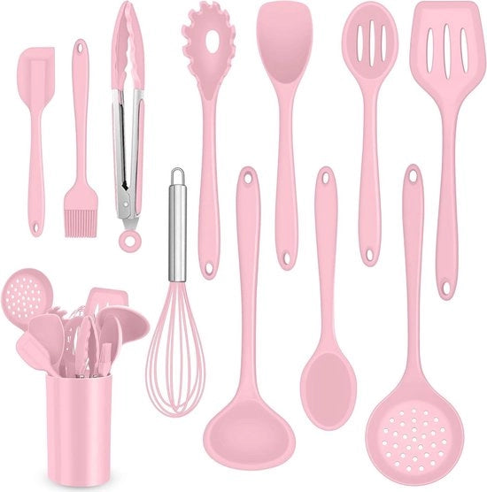 Set completo di 12 utensili da cucina in silicone rosa con contenitore di stoccaggio