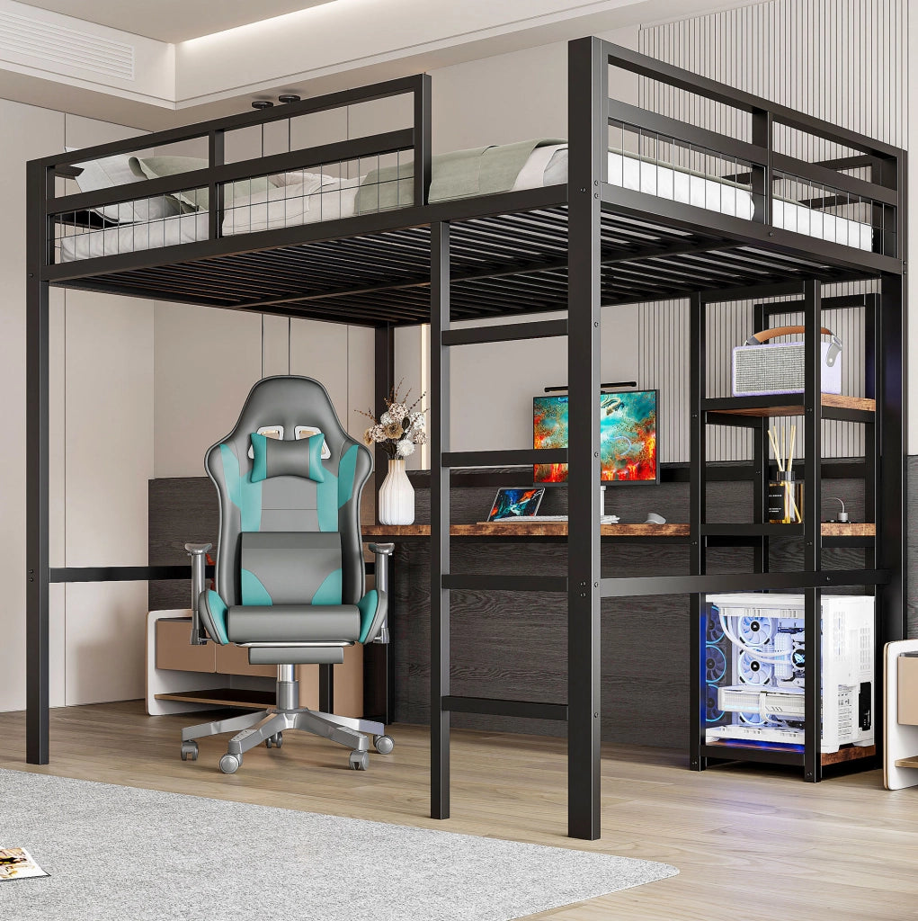 Letto a soppalco 140x200 cm con scrivania e ripiani; metallo; nero (Senza materasso)