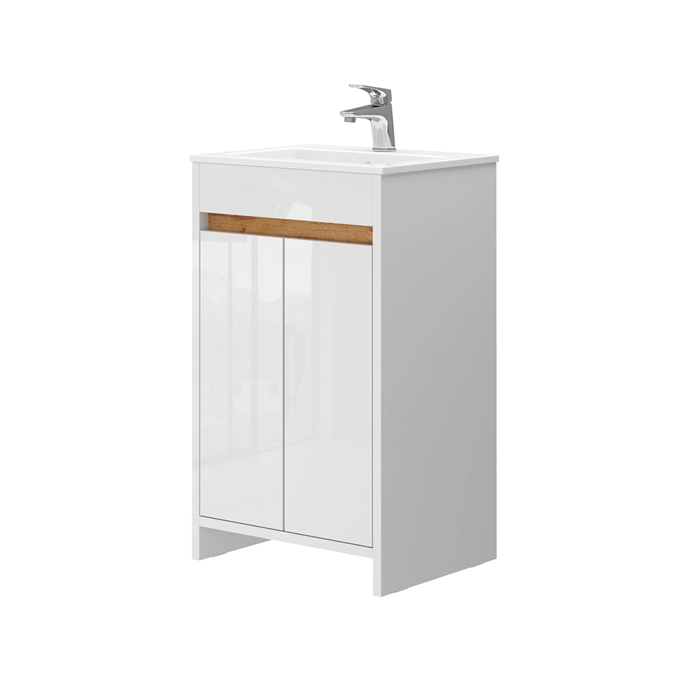 Vicco Set mobili bagno Bianco lucido 2 parti, con lavabo e 2 ante a battente