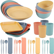 Set di servizio da campeggio 32 pezzi per 4 persone, leggero e resistente, riciclabile, con tazza, piatto, cucchiaio, forchetta da tavola, coltello da tavola, bicchiere per picnic e campeggio.