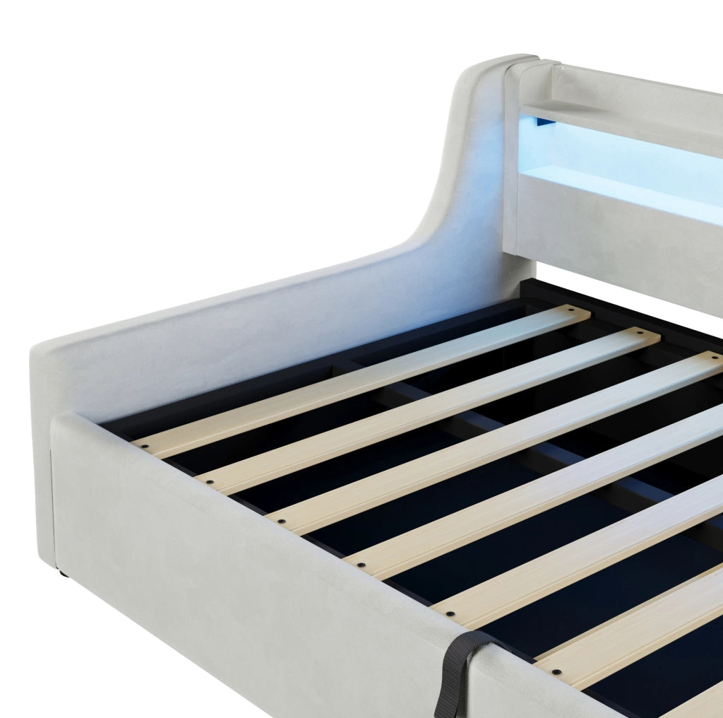 Letto singolo imbottito ULEVR 90x200 cm con vano contenitore idraulico e testiera LED multicolore, beige