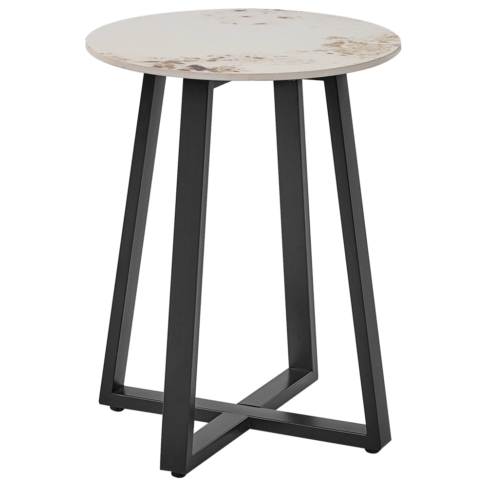 Tavolino nero con piano in ceramica bianca Struttura in metallo Rotondo effetto marmo Design moderno