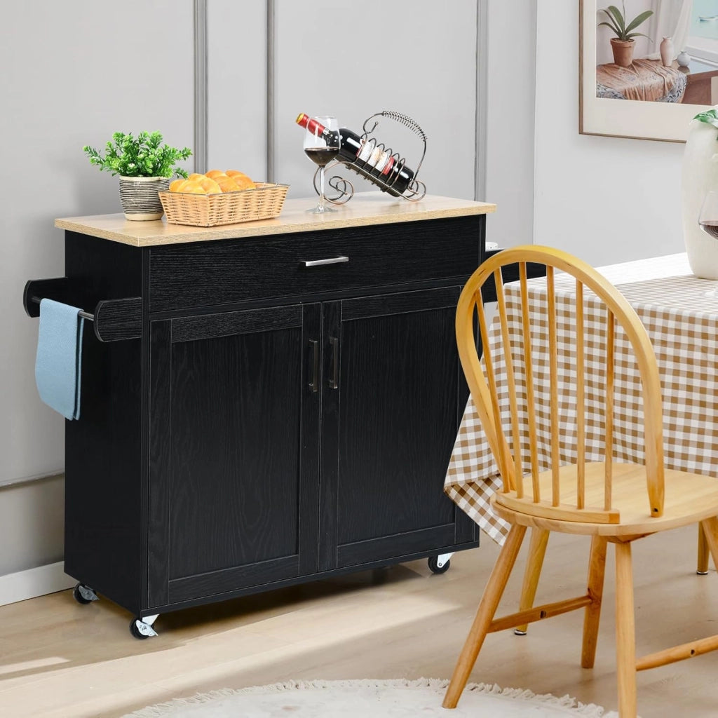 Carrello da Cucina Ausiliario, Carrello di Servizio con Cassetto e Ripiano Regolabile, Isola da Cucina da Sala da Pranzo con Ruote Universali con Freni, in Legno, 116 x 40 x 85 cm, Nero
