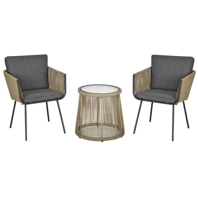 SET 2 POLTRONCINE CON TAVOLINO DA ESTERNO IN PE RATTAN CACHI E GRIGIO
