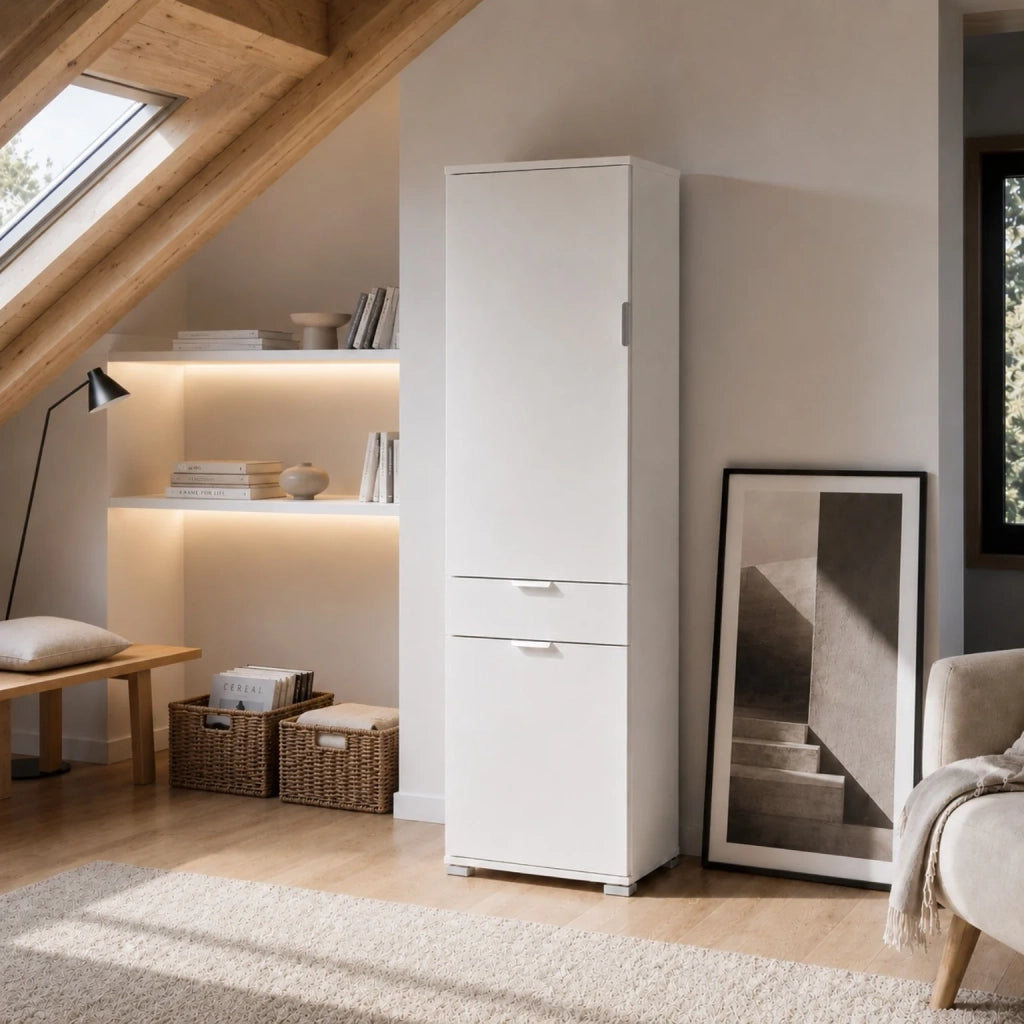 Armadio Colonna 2 Ante con Cassetto Bianco Già Montato | Mobile Multiuso Salvaspazio con Ripiani Regolabili | Armadietto Alto per Bagno, Cucina e Lavanderia