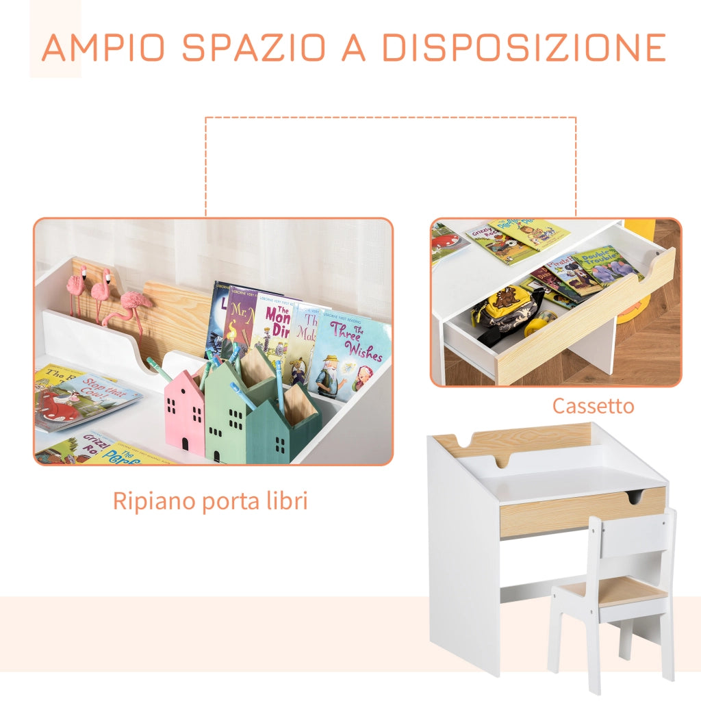 Scrivania per Bambini con Cassetto e Scaffale ¨C zephmum ¨C Bianco Legno 90x50x