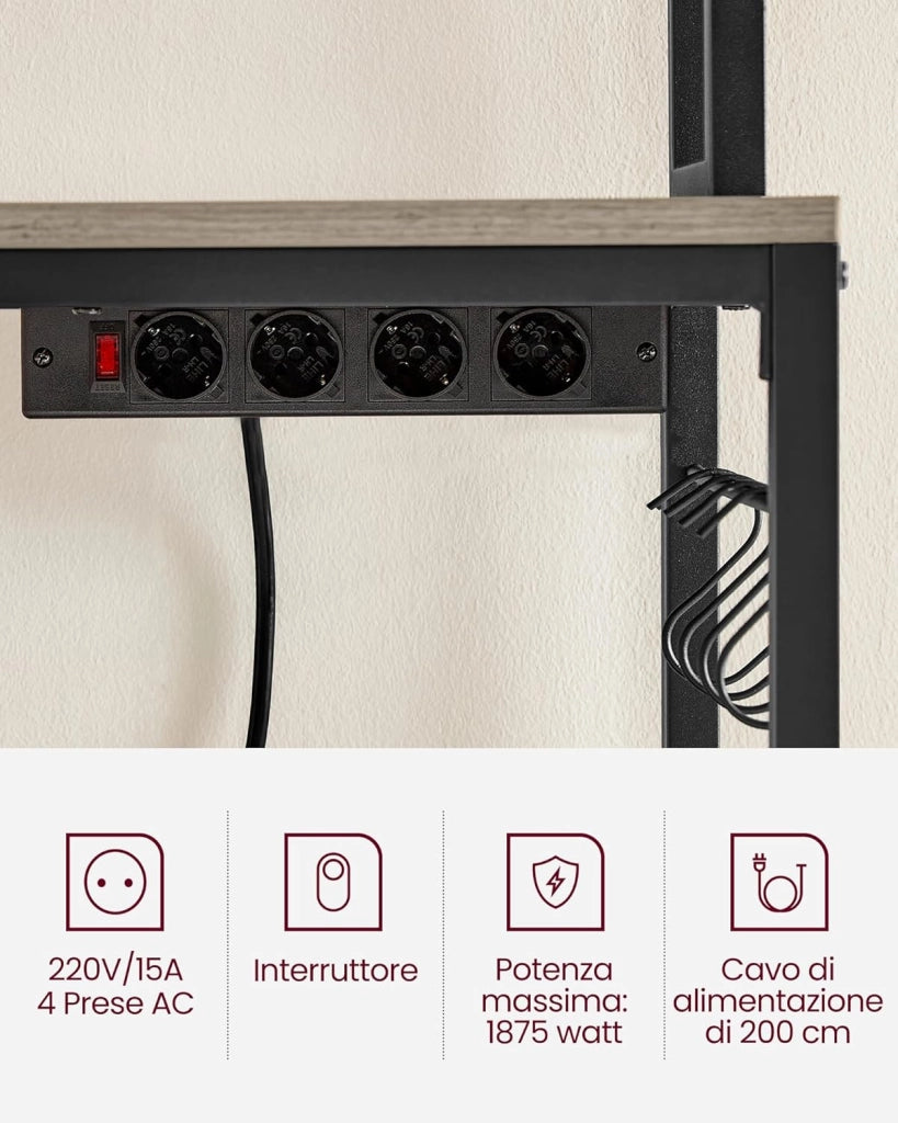 VASAGLE Scaffale Cucina con Multipresa, Scaffale per Microonde, Mobile Cucina, con Pannello a Rete Metallica, 14 Ganci, 40 x 80 x 170 cm, Greige e Nero KKS025B02EU