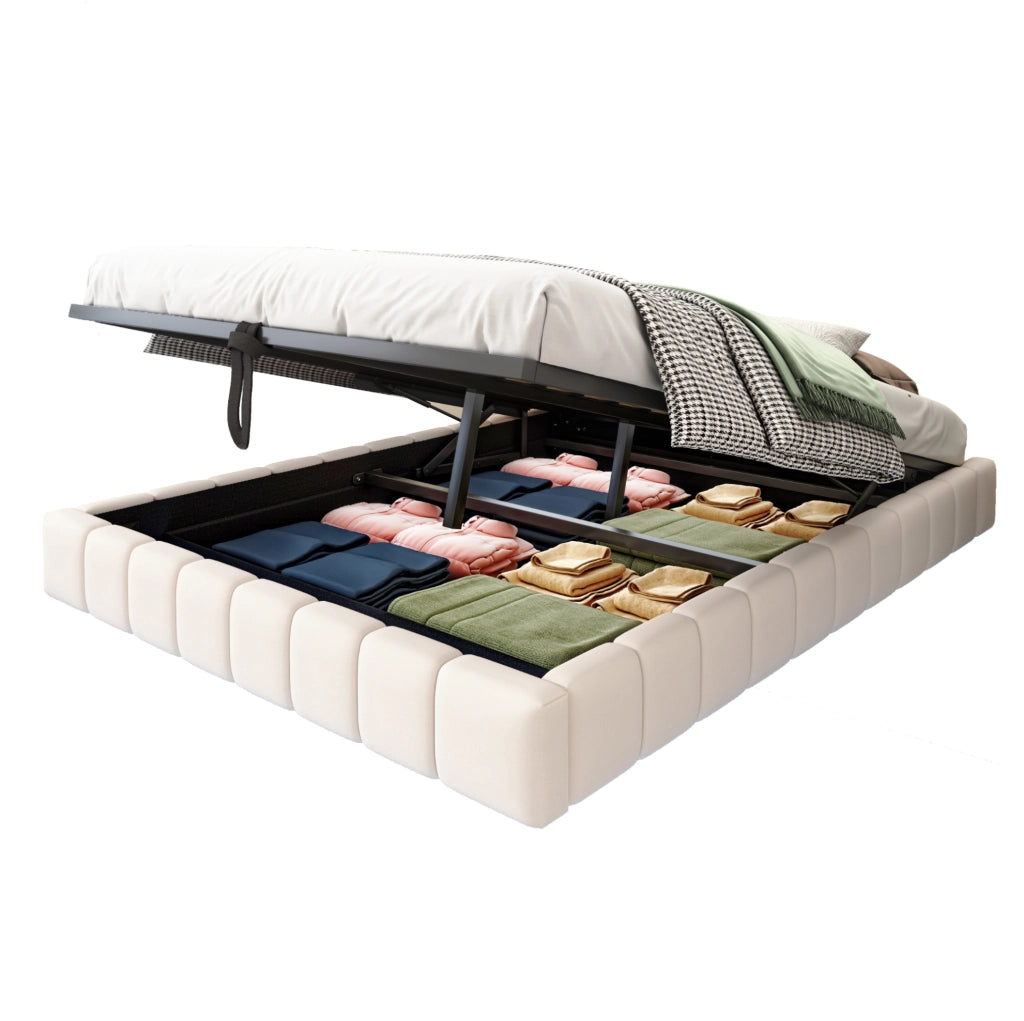 Letto imbottito sospeso 140x200 cm beige con LED e vano contenitore