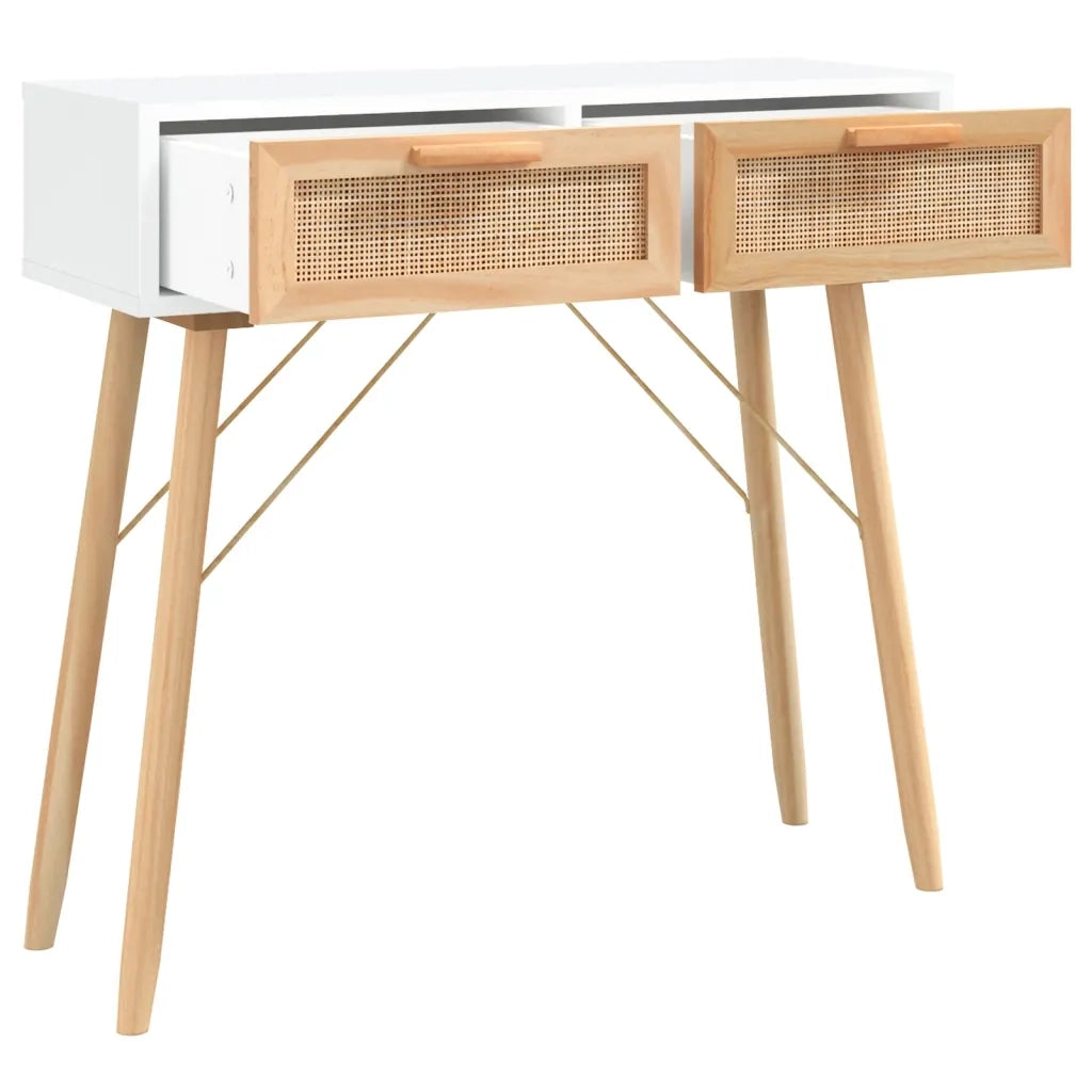 Tavolo Consolle | Tavolo d'Ingresso Bianco 80x30x75cm Massello Pino Rattan Naturale