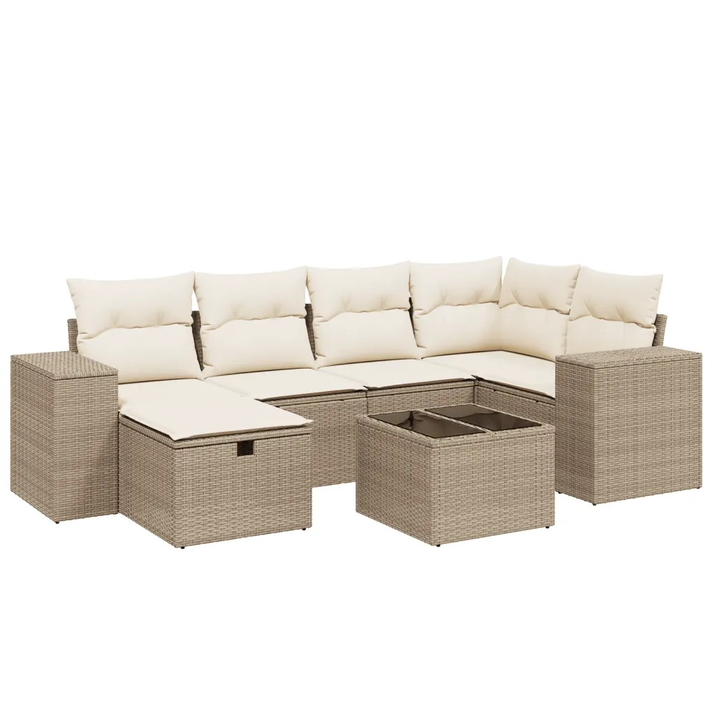 Set Divani da Giardino 7 pz con Cuscini Beige in Polyrattan