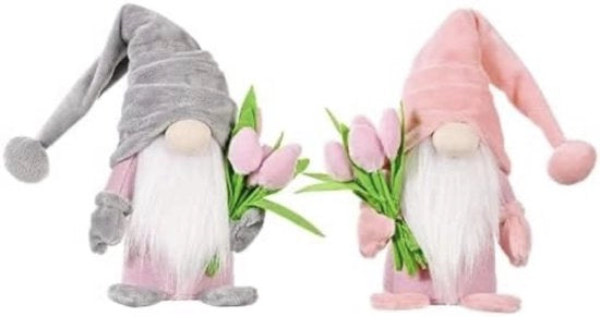 Kabouter coniugi con bouquet di tulipani, figure di elfi dolci, regalo per donne, mamme, mogli, amiche, nonne, per il matrimonio, il compleanno, il giorno della mamma, il ringraziamento, dimensioni 37 x 8 x 6 cm (rosa + grigio)
