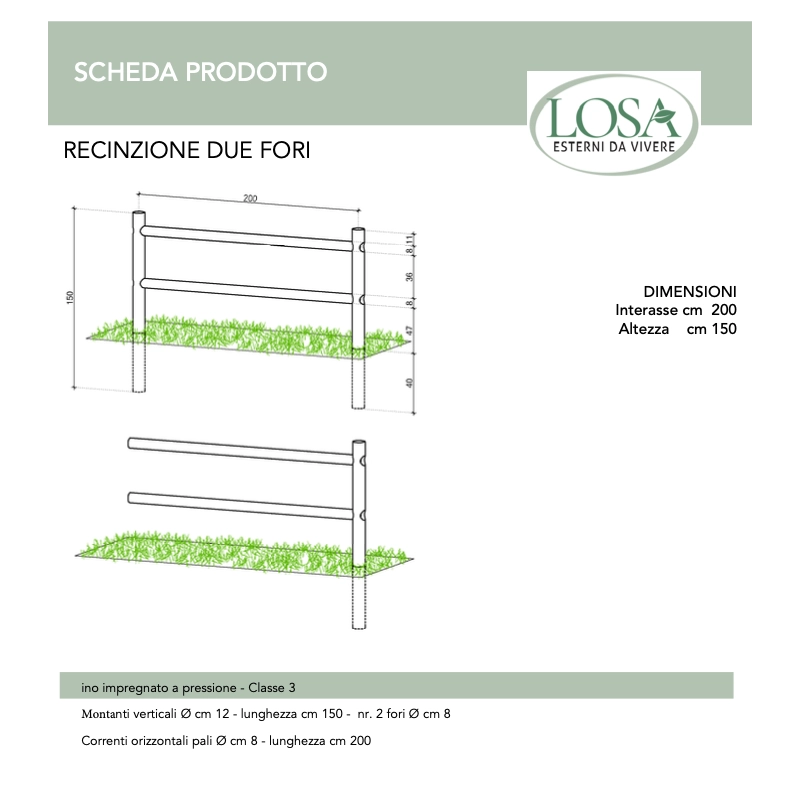 Recinzione in legno impregnato 20 pezzi con 2 fori lunghezza 200 cm per giardino - Esterni da Vivere