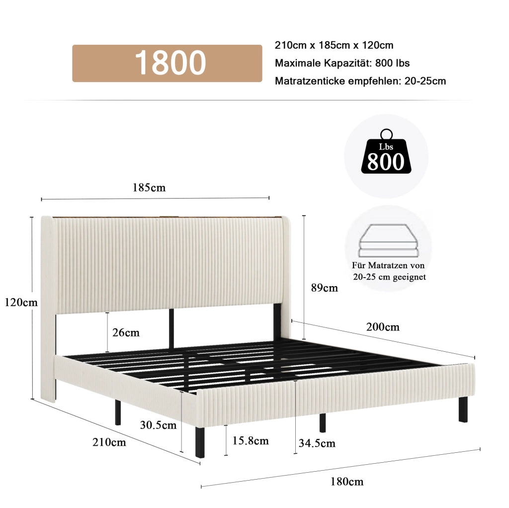 Letto imbottito 180x200 cm con struttura metallica silenziosa in velluto a coste beige e crema