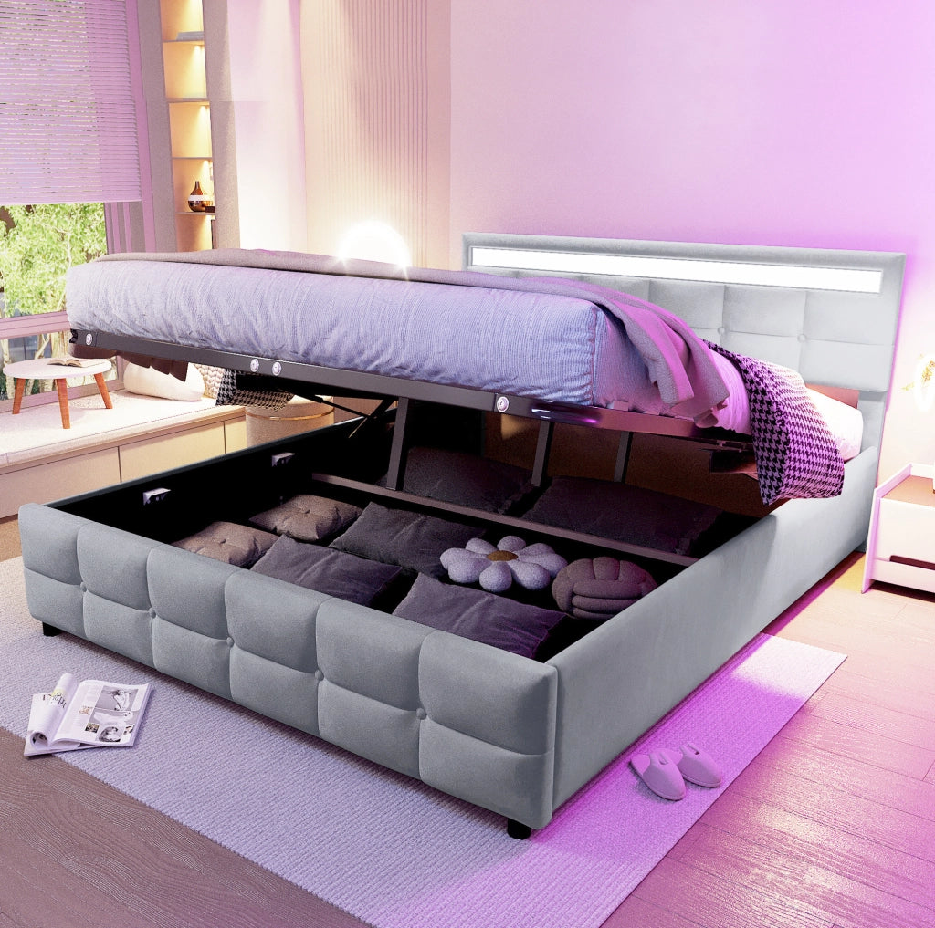 LETTO Imbottito 180x200 cm con LED, Sollevamento Idraulico, Velluto Grigio