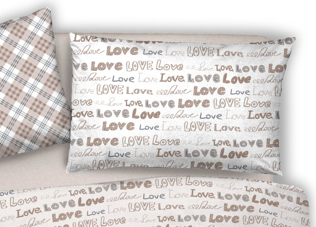 Copripiumino Sacco Piumone Pensieri Delicati 100% Cotone Disegno Love Love - Matrimoniale - Beige