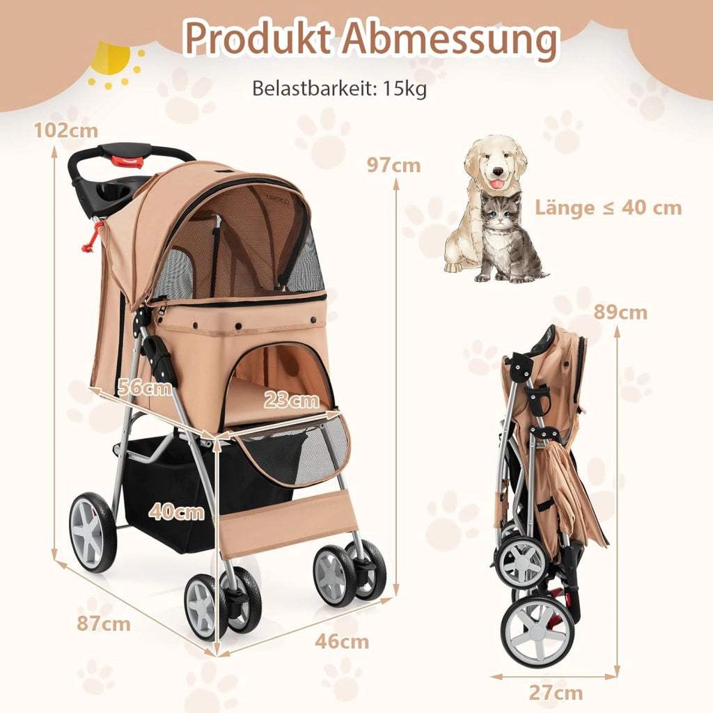 Passeggino per Cani e Gatti Pieghevole Fino 15 kg, Carrello per Animali Domestici, Trasportino Carrozzina Portatile da Viaggio e Passeggio con Tettuccio per Cuccioli, 87 x 46 x 102 cm (Beige)